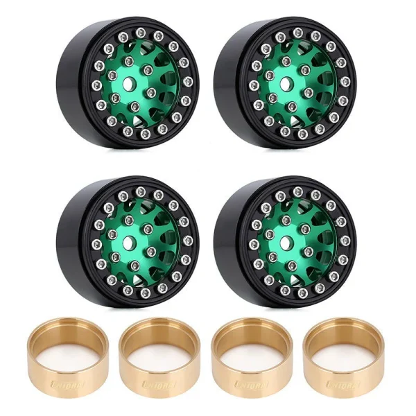 12-Spokes Beadlock Silver & Green with Brass Rings Aluminum Wheel Rims for 1/24 RC Crawlers (4) (W1049)