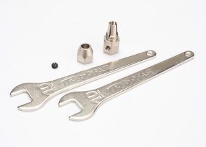 5761 Motor coupler, collet style/ GS 4x3 (with threadlock) (1)/ Wrench, 10mm (2)