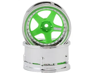 Drift Element 5 Spokes Drift Wheel (Flu Green/Chrome Lip & Rivets) (Adjustable Offset) (2) w/12mm Hex