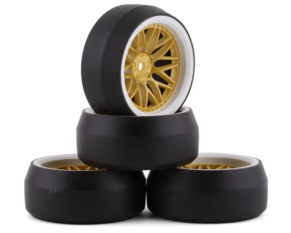 Spec D Pre-Mounted Drift Tires w/LS Mesh Wheels (White/Gold) (4) w/12mm Hex & 6mm Offset