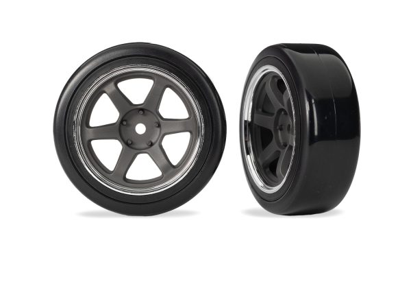 10577 Tires & wheels, assembled (six spoke graphite gray wheels w/chrome rim, 1.9" Drift tires (2 dots, soft, smooth surfaces)) (front) (2)