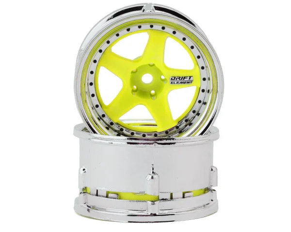 Drift Element 5 Spokes Drift Wheel (Flu Yellow/Chrome Lip/Black Rivet) (Adjustable Offset) (2) w/12mm Hex