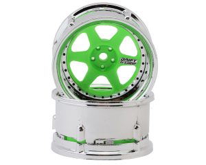 Drift Element 6 Spokes Drift Wheel (Flu Green/Chrome Lip/Black Rivet) (Adjustable Offset) (2) w/12mm Hex Image 1 for DS Racing Drift Element 6 Spokes Drift Wheel (Flu Green/Chrome Lip/Black Rivet)   Image 2 for DS Racing Drift Element 6 Spokes Drift Wheel